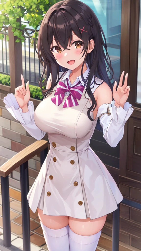 (Masterpiece, Best Quality, girl, solo, looking at viewer, ryuuto_kashima, black hair, brown eyes, large breasts, white dress, detached sleeves, blue thighhighs, standing, outdoors, smile, open mouth