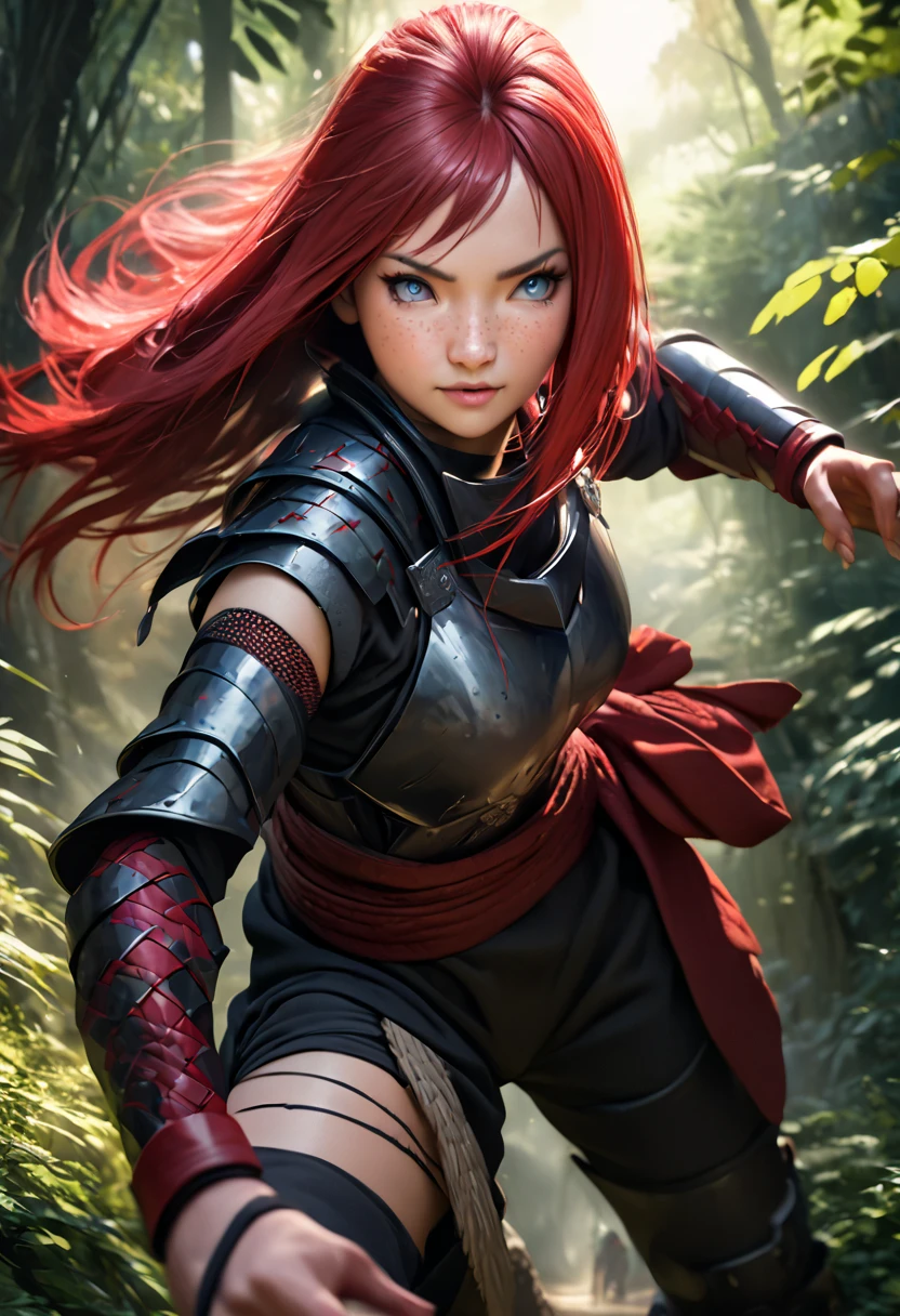 A beautiful girl with long red hair and blue eyes, wearing a ninja armor, with freckles, walking through a forest, detailed face, intricate armor, dynamic pose, realistic lighting, vibrant colors, highly detailed, 8k, masterpiece, photorealistic, art Naruto manga, art masashi kishimoto