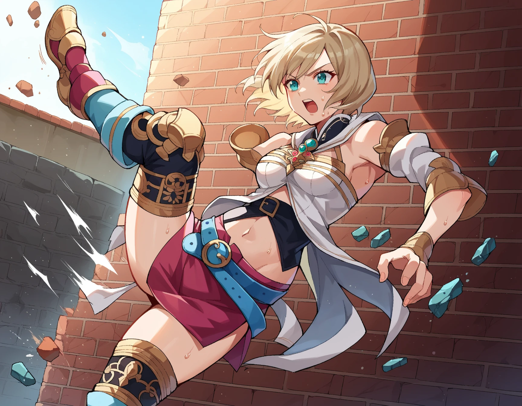 score_9, score_8_up, score_7_up, source_anime,
asheliabnargindalmasca, ashelia b nargin dalmasca, aqua eyes, blonde hair, blue eyes, short hair,high kick
belt, brooch, detached sleeves, dress, jewelry, midriff, miniskirt, skirt, thighhighs, turtleneck, raise one's legs high, an obstacle that can be kicked up, spinning kick, kick a brick, crushing bricks, flying bricks, flying stones, breaking, breaking bricks, impact, sweating, wall being crushed