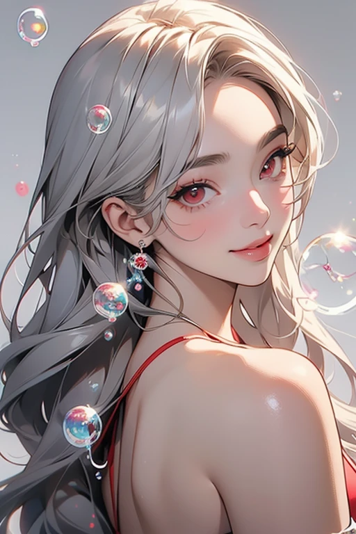 (illustratio)，((White hair))，美丽细致的眼睛，Ah hey Yan，Hair between both eyes，ribbons，Bow knot，nakeness，((small boobs))，Fine wet clothes，flower hairpin，White liquid，short detailed hair，dual horsetail，Love in the eyes，White liquid on the face，White liquid on hair，with a round face，bared  chest，Be red in the face