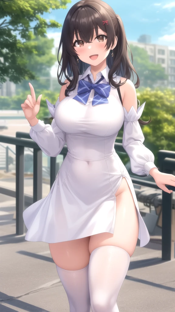 (Masterpiece, Best Quality, girl, solo, looking at viewer, ryuuto_kashima, black hair, brown eyes, large breasts, white dress, detached sleeves, blue thighhighs, standing, outdoors, smile, open mouth