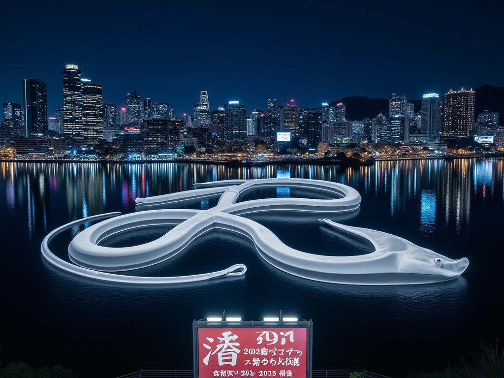 photorealistic,(The background is Yokohama at night 　Minato Mirai　Beautiful night view),((( at the bottom center of the image is a sacred white giant snake drawing the shape of ∞ floating on the sea))),((Advertisement board with 2025 written on it at the bottom center of the image)),