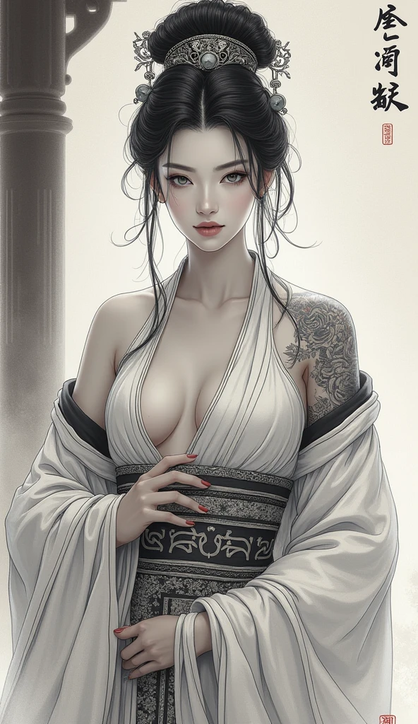 oiran, Beauty, Delicious Company, A captivating sight, Wearing a sexy open kimono. The work is created in a medium reminiscent of Japanese ink painting.。Monochromatic color palette. artist'Stunning technique gives the image strength and power'Presence,Highest quality, Ultra-high resolution captures every detail. The texture and intricate patterns of the kimono are expressed with extreme precision.. Lighting is carefully designed,Enhance the drama, Deep shadows and subtle highlights. This piece exudes elegance and strength., A fusion of traditional Japanese aesthetics and modern sensibilities. Monochromatic color palette, Putting the details together, Captivate viewers、Create an immersive experience.Black kimono、sexly、The kimono is open、I can see the valley、I can see your thighs
