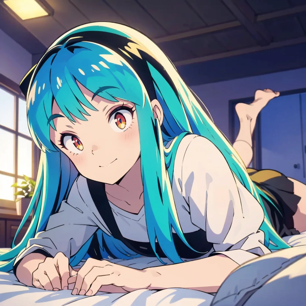 (masterpiece, top quality), EXTREMELY detailed CG Unity 8k wallpaper, high definition, bold composition, masterpiece, best quality, amazing quality, very aesthetic, high resolution, ultra-detailed, absurdres, newest, scenery, depth of field, volumetric lighting , artistic composition, anime screencap, 1 Girl, Lum, tired, Taking a break, Looking into the distance, Grey knit, Black Mini Skirt, Grey pantyhose , anime, From below, blush, Embarrassing, Taking a break, Mature, 18-year-old, Smile, Lying in bed, Focus on the feet, Hotel, High definition, Green Hair, red eyes