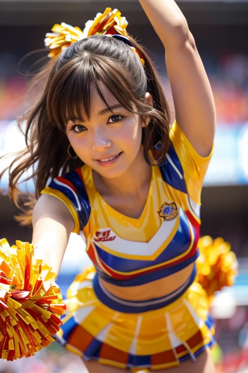 Two Ala-Fed Asian cheerleaders posing dynamically with pom-poms in stadium, close-up, cosplay photo, anime cosplay, small breasts, RAW photo, best quality, high resolution, (masterpiece), (photorealistic:1.4), professional photography, sharp focus, HDR, 8K resolution, complex details, depth of field, Highly detailed CG Unity 8k wallpaper, front light, NSFW, women, girl, beautiful supermodel, smile, slender, small cheer uniform, yellow,