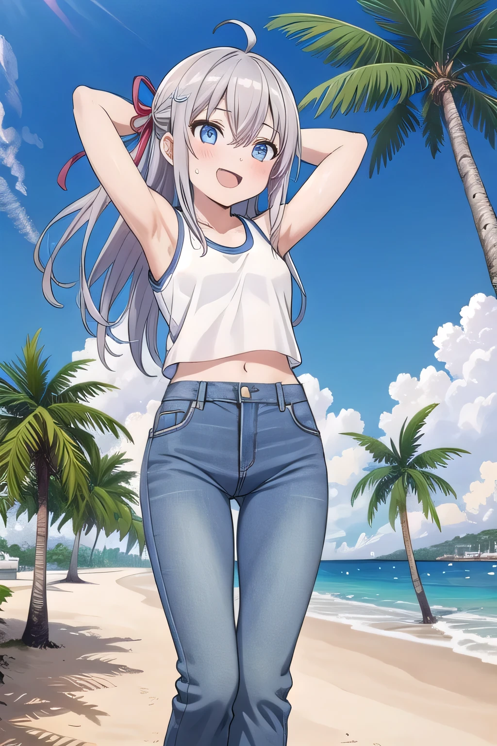 masterpiece,best quality,ultra detail,1girl, , peti ((round face, ecstasy, orgasm face, drooping eyes, shame smiling, blush)), dropping eyes, sleepy, background((under the beach, (day:1.2), palm tree, bright sky)), Alisa Mikhailovna Kujou, ahoge, long hair, grey hair, hair intakes, hair ribbon,red ribbon, sidelocks, hair between eyes,parted bangs, blue eyes, arms behind head, contrapposto, spread armpits, looking at viewer,, (white tank top:1.2), (white crop top:1.2), (jeans pants:1.2, flares jeans:1.2, skinny jeans:1.2, blue jeans:1.2), standing, (legs spread:1.2), sex pose, Sweaty crotch, Steam from the crotch, Nice view, full medium body