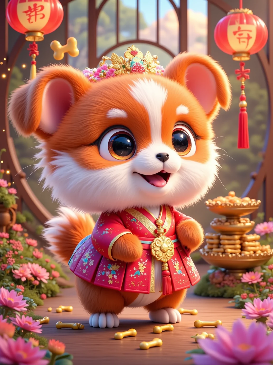  A cute anthropomorphic puppy ， Wear a traditional red New Year costume with a golden bone pattern，Standing indoors ， with loyal smiles ， Here's a red “Wang” Spring Festival couplets 。 The background is a window with a Chinese window ， with the outline of a yard 。 There are many small golden bones in the room ，Some are stacked ， and some are placed on a small plate ， and red hawthorn scattering 。 with ornaments made of red peppers and green leaves hanging on both sides of the window ， with red dog head ornaments on the bottom ， with red “Wang” stickers scattered around ， The overall color is dominated by red and gold ， filled with a festive atmosphere of the Lunar New Year 