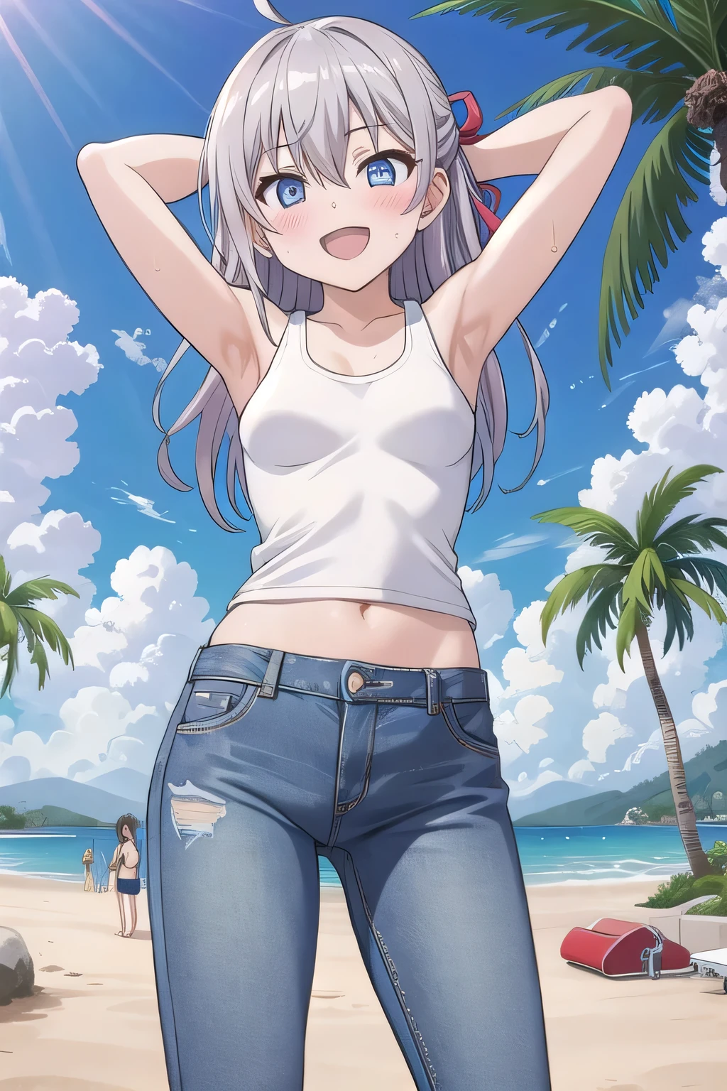 masterpiece,best quality,ultra detail,1girl, , peti ((round face, ecstasy, orgasm face, drooping eyes, shame smiling, blush)), dropping eyes, sleepy, background((under the beach, (day:1.2), palm tree, bright sky)), Alisa Mikhailovna Kujou, ahoge, long hair, grey hair, hair intakes, hair ribbon,red ribbon, sidelocks, hair between eyes,parted bangs, blue eyes, arms behind head, contrapposto, spread armpits, looking at viewer,, (white tank top:1.2), (white crop top:1.2), (jeans pants:1.2, flares jeans:1.2, skinny jeans:1.2, blue jeans:1.2), standing, (legs spread:1.2), sex pose, Sweaty crotch, Steam from the crotch, from below, full medium body