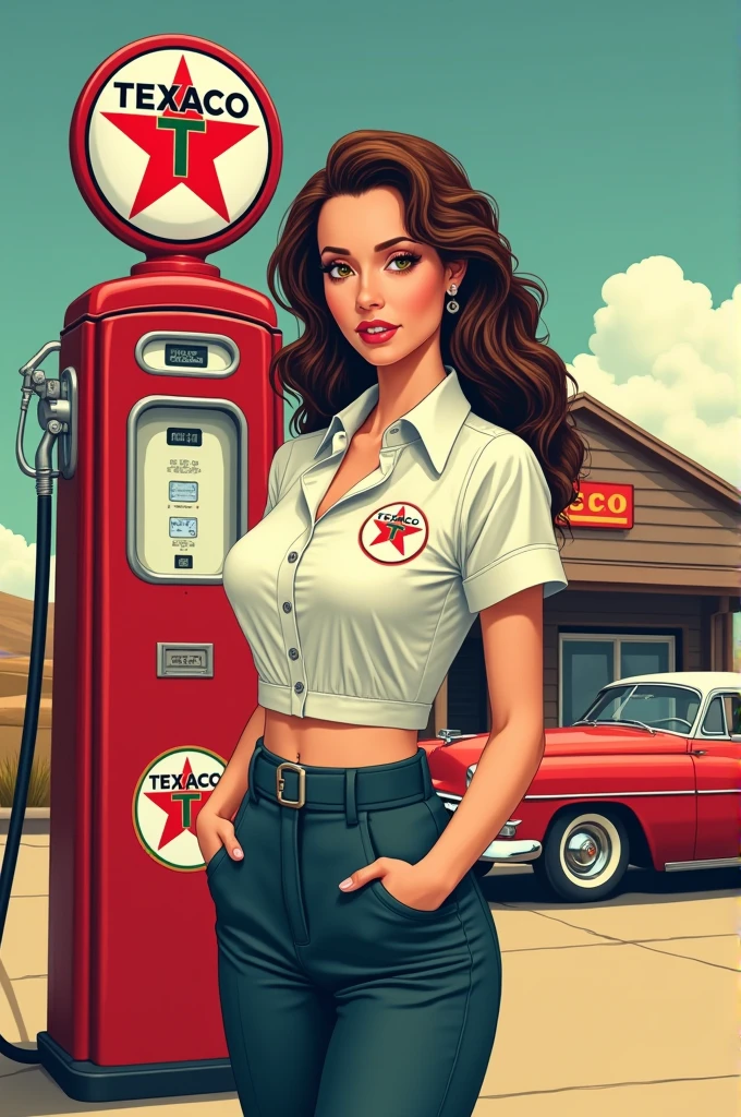 Extremely busty thin and toned brunette photographer, college girl, fair skin, loose updo, soft face, athletic, white top, pink skirt.  standing by a muscle car, gas station, small town, dirt road, fuel pumps, wooden fence ((Pepsi can))