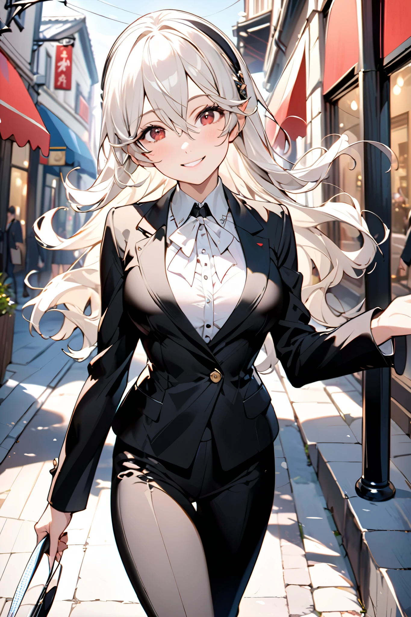 (( top quality )), ((masterpiece)), (  Details), （perfect face）、そのfemale性はカムイ(female) 、White Hair 、looking at you、 black boots ,  Black pantsuit、Just the right size bust、 happy 、smile、Walking around town during the day