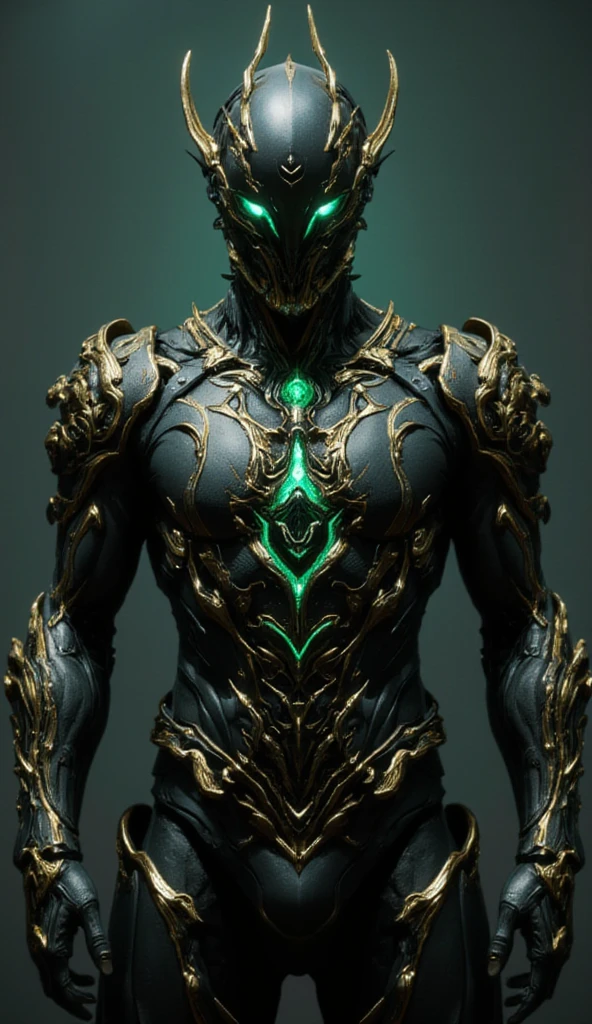 This image shows a character wearing black and gold armor. The armor design is very intricate, featuring green glowing elements. The character's pose is very elegant, with the left hand raised and the right hand hanging naturally. The details of the armor are very rich, including the decorations on the shoulders and the complex patterns on the chest. The overall look gives a sense of power and mystery.