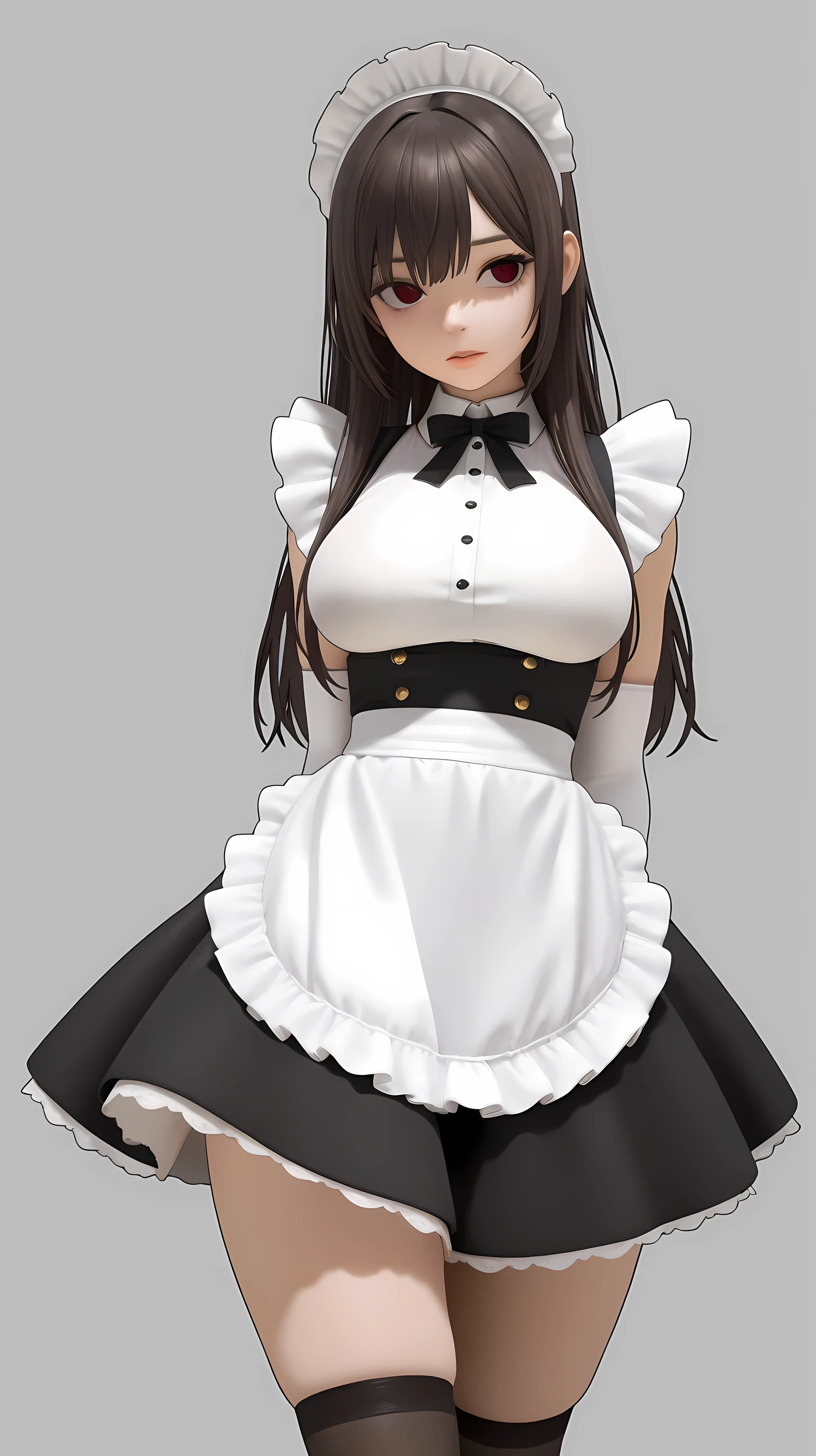  A girl,  medium breasts, Japanese smelly eyes, fringe,  hands behind her back,  elbow length gloves,  knee-high socks, Realistic lights,  detailed eyes ,  Athletic body, Wearing a short maid dress,  big boobs,  long hair,  thick legs , short woman ,  Sensual Pose, art with outline,  open legs , close, View under the dress 