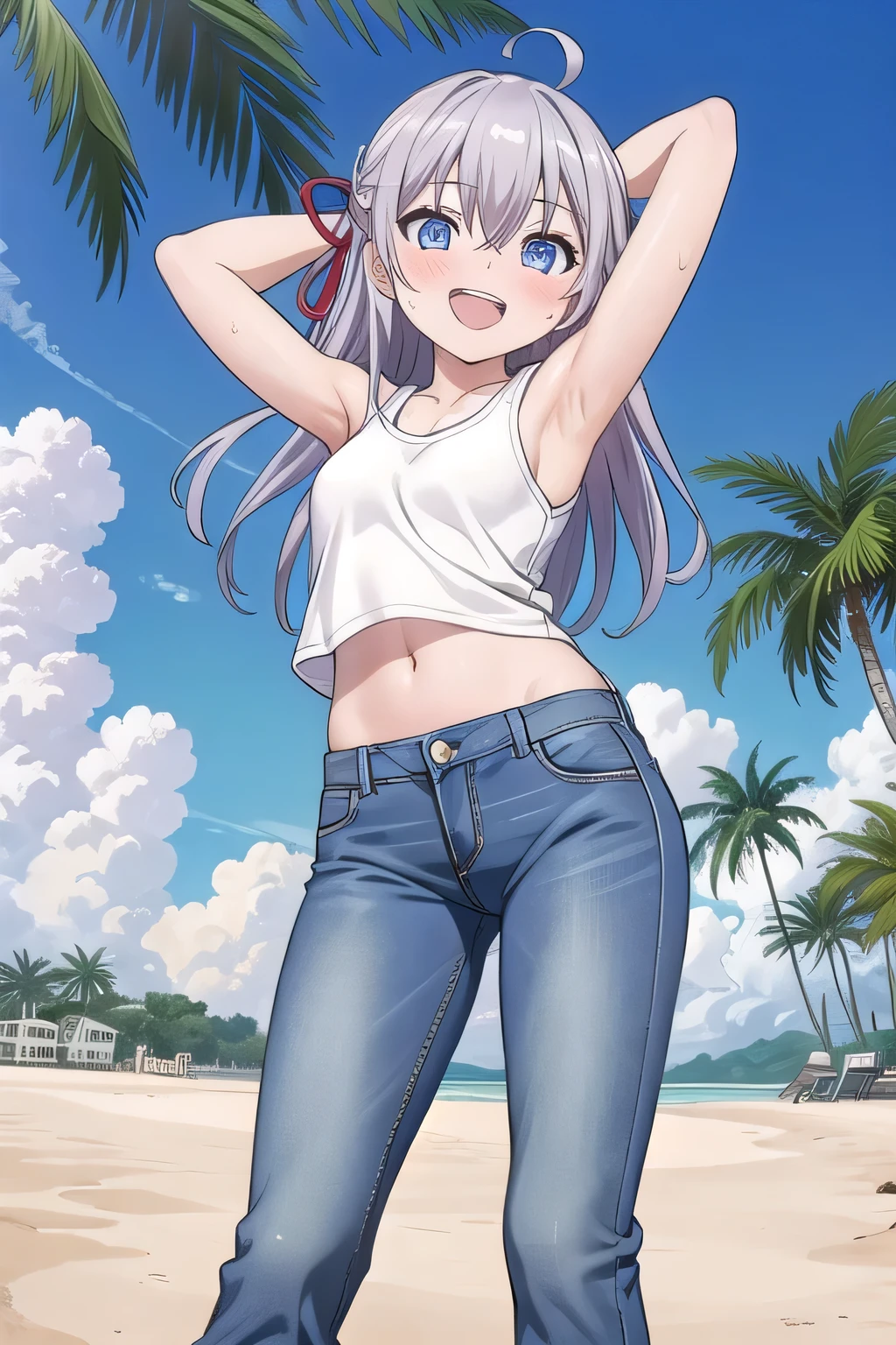 masterpiece,best quality,ultra detail,1girl, , peti ((round face, ecstasy, orgasm face, drooping eyes, shame smiling, blush)), dropping eyes, sleepy, background((under the beach, (day:1.2), palm tree, bright sky)), Alisa Mikhailovna Kujou, ahoge, long hair, grey hair, hair intakes, hair ribbon,red ribbon, sidelocks, hair between eyes,parted bangs, blue eyes, arms behind head, contrapposto, spread armpits, looking at viewer,, (white tank top:1.2), (white crop top:1.2), (jeans pants:1.2, flares jeans:1.2, skinny jeans:1.2, blue jeans:1.2), standing, (legs spread:1.2), sex pose, Sweaty crotch, Steam from the crotch, from below, full medium body