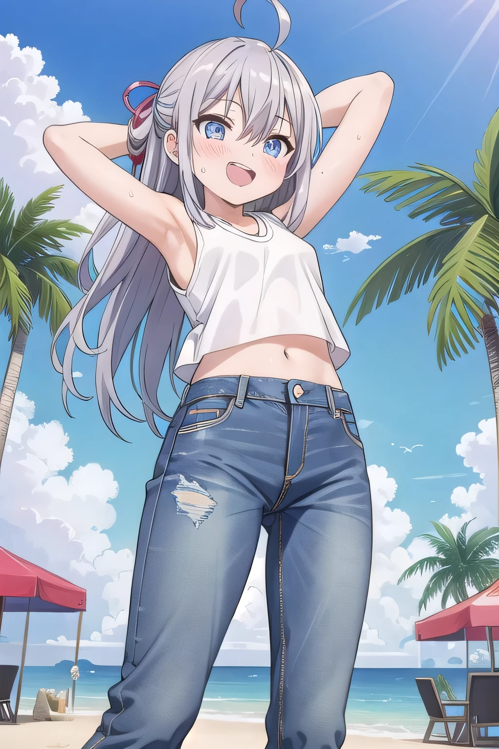 masterpiece,best quality,ultra detail,1girl, , peti ((round face, ecstasy, orgasm face, drooping eyes, shame smiling, blush)), dropping eyes, sleepy, background((under the beach, (day:1.2), palm tree, bright sky)), Alisa Mikhailovna Kujou, ahoge, long hair, grey hair, hair intakes, hair ribbon,red ribbon, sidelocks, hair between eyes,parted bangs, blue eyes, arms behind head, contrapposto, spread armpits, looking at viewer,, (white tank top:1.2), (white crop top:1.2), (jeans pants:1.2, flares jeans:1.2, skinny jeans:1.2, blue jeans:1.2), standing, (legs spread:1.2), sex pose, Sweaty crotch, Steam from the crotch, from below, full medium body