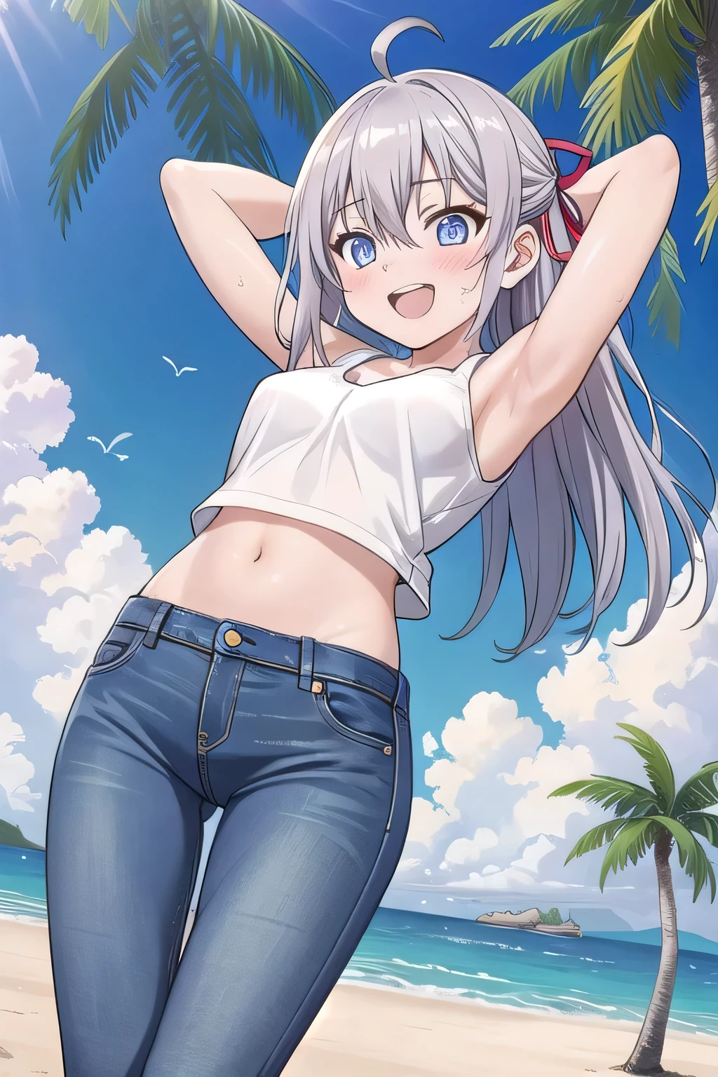 masterpiece,best quality,ultra detail,1girl, , peti ((round face, ecstasy, orgasm face, drooping eyes, shame smiling, blush)), dropping eyes, sleepy, background((under the beach, (day:1.2), palm tree, bright sky)), Alisa Mikhailovna Kujou, ahoge, long hair, grey hair, hair intakes, hair ribbon,red ribbon, sidelocks, hair between eyes,parted bangs, blue eyes, arms behind head, contrapposto, spread armpits, looking at viewer,, (white tank top:1.2), (white crop top:1.2), (jeans pants:1.2, flares jeans:1.2, skinny jeans:1.2, blue jeans:1.2), standing, (legs spread:1.2), sex pose, Sweaty crotch, Steam from the crotch, from below, full medium body