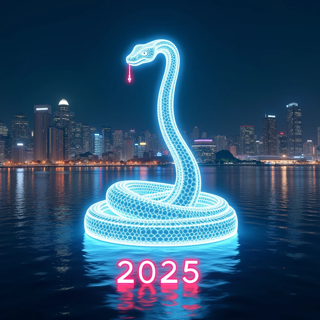 photorealistic,(The background is Yokohama at night 　Minato Mirai　Beautiful night view),((( at the bottom center of the image is a sacred white giant snake drawing the shape of ∞ floating on the sea))),((Neon tube with 2025 written on the bottom center of the image)),