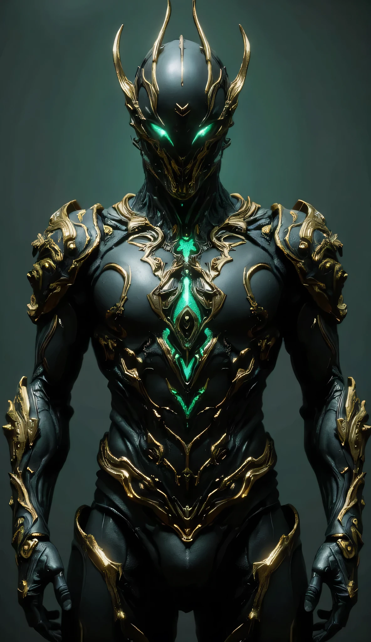 This image shows a character wearing black and gold armor. The armor design is very intricate, featuring green glowing elements. The character's pose is very elegant, with the left hand raised and the right hand hanging naturally. The details of the armor are very rich, including the decorations on the shoulders and the complex patterns on the chest. The overall look gives a sense of power and mystery.