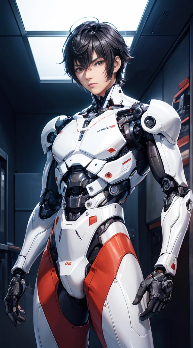 ((4K works))、​Handsome 18 year old Japanese model　Very short, cropped black hair　Soft Macho　Half-body nudity　Half of the body is mechanical parts　Naked with white exoskeleton mechanical parts　Attaching parts to nude