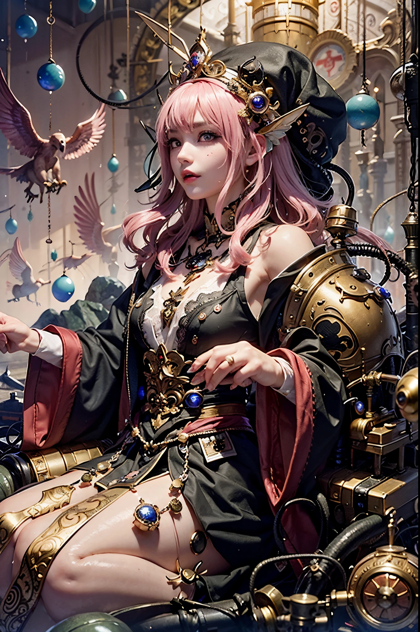 1 confident woman with floor-length pink hair, huge and big breasts, Futuristic royal costume in white with black and gold details, tall woman, blue detailed eyes, sitting on the throne of skulls , judgmental look, golden metal skulls, sovereign pose, cyberpunk queen