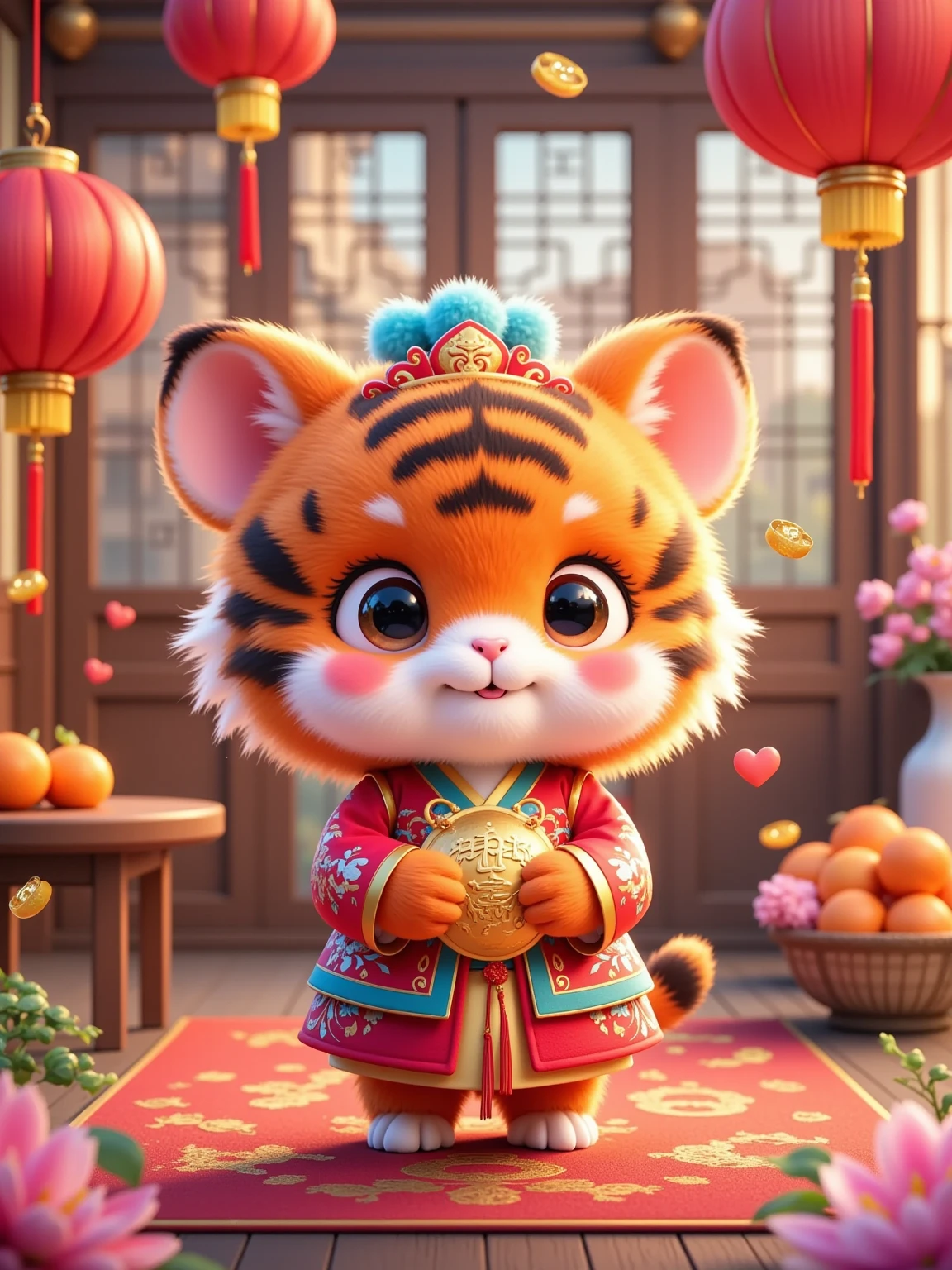  A cute anthropomorphic tiger ，It has orange fur ， with black stripes on it ， with a red and blue hat on the head ， There is a blue pompom on the top of the hat 。 The little tiger's face ， with big eyes，Her cheeks flushed faintly，It looks very cute 。 It wears a red traditional costume ， with a golden pattern on the lantern ， holding a golden ingot in front of the chest ， with the word “blessing” on the ingot 。  Little tiger standing in an indoor scene ， is surrounded by items symbolizing good fortune 。 Red lanterns and chili pepper strings hang from the doors and windows ， There are some red “blessing” stickers scattered around the window 。 There is a small table on the left ， The ground at the foot of the foot is covered with the word “blessing” in red Pad 。 There is a small table on the right ， has a wooden box full of oranges and a few small golden ingots {x} The table has a wooden box full of oranges and a white vase with flowers。 } You can see wooden doors and windows in the background ， The little tiger has a happy smile ， with the word “blessing” on the lantern ， adding a strong New Year's atmosphere 。 You can see some blurry outlines of buildings outside the window ， The whole scene is filled with the festive atmosphere of the Lunar New Year ，Colors are mainly red and gold， A cute anthropomorphic little white rabbit 。