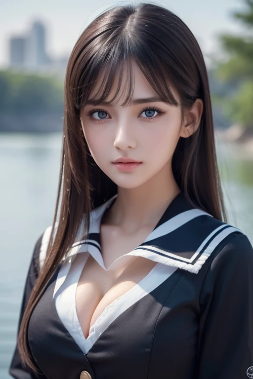 1 girl, (highest quality:1.4), (super detailed), (Highly detailed beautiful face), wonderful face and eyes, black eye, black hair, (sailor suit), (cleavage), Smooth, Highly detailed CG integrated 8k wallpaper, High resolution raw color photos, professional photos, light, Backlight, dream-like, impressive, Depth of bounds written