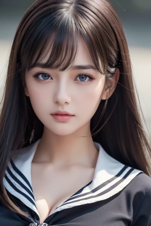 1 girl, (highest quality:1.4), (super detailed), (Highly detailed beautiful face), wonderful face and eyes, black eye, black hair, (sailor suit), (cleavage), Smooth, Highly detailed CG integrated 8k wallpaper, High resolution raw color photos, professional photos, light, Backlight, dream-like, impressive, Depth of bounds written