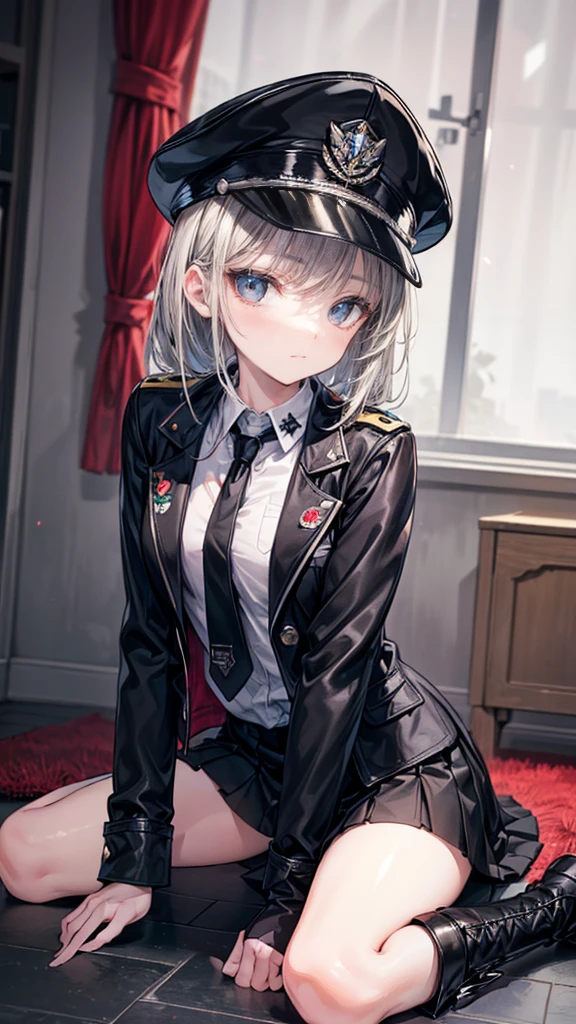 white pale skin, black stocking, black chocker, black clothes, black ww2 ss uniform, military, german soldier, german officer hat, insanely Beautiful Little pale gothic girl, scifi temple, smile, blush
