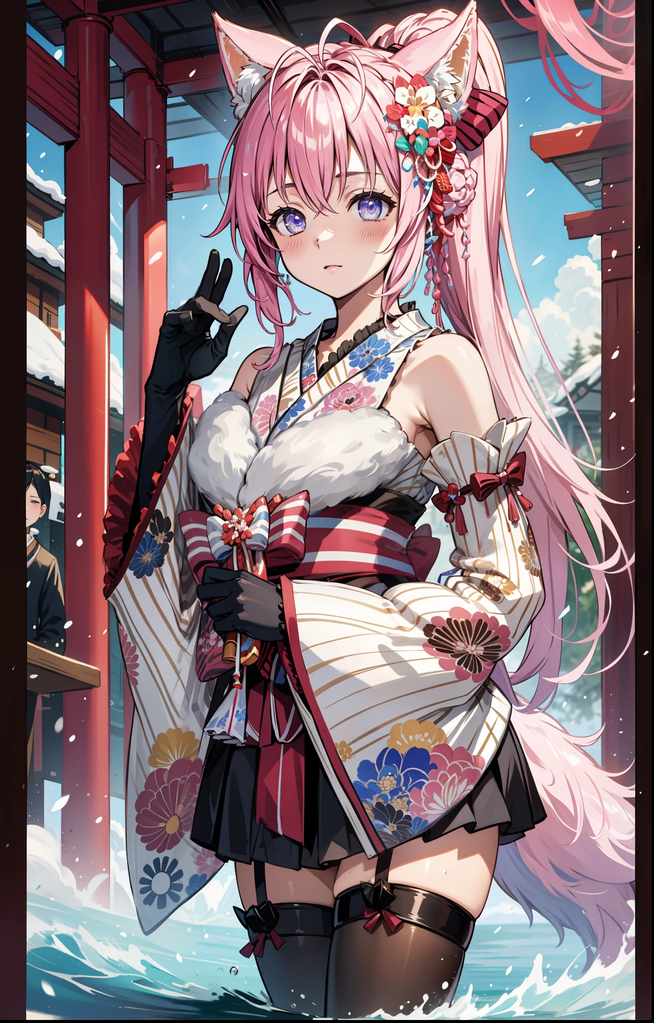 masterpiece, top quality , High Resolution , masterpiece:1.2, high quality , 8K, Beautiful and meticulous growth , happy , heavy costume, blush, kimono, Japanese costume ,Japanese New Year,High Ponytail, Fantasy World , Ice and snow flying , winter,Mysterious landscape , black gloves ,Strike a pose,Beautiful sleeves , Lots of clothes on the chest , Small curve