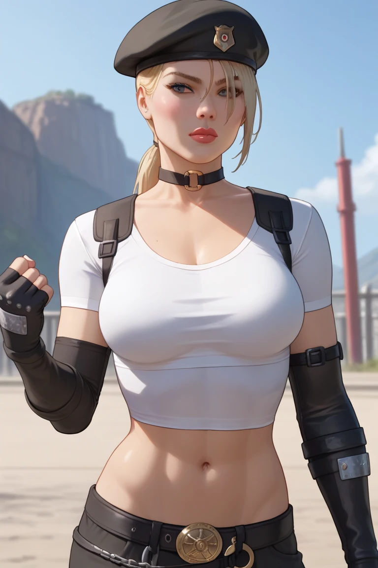 SonyaBladeMKDC, 1girl, midriff, navel, crop top, elbow gloves, choker, hat, belt, blonde hair, medium breasts, white shirt, black pants, dark skin, lips, beret, ponytail, dark-skinned female, black headwear, cowboy shot, clenched hands