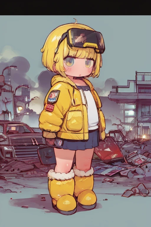     full body portrait  , (   super detailed  ,   Super high resolution ,    detailed background ),((2D)),((   flat color)),((achromatic   )),   one girl ,,    viewers,    loose red flight suit   ,    Wear a large sheepskin bomber jacket, (  big yellow boots   ),  Plush color   ,     full body portrait  ,  Wear VR goggles  , ((Ruined Industrial Area )),   Expressing the whole body , ((   drone next to her   )),  Pop Art Style ,  exoskeleton like a turtle, chibi anime