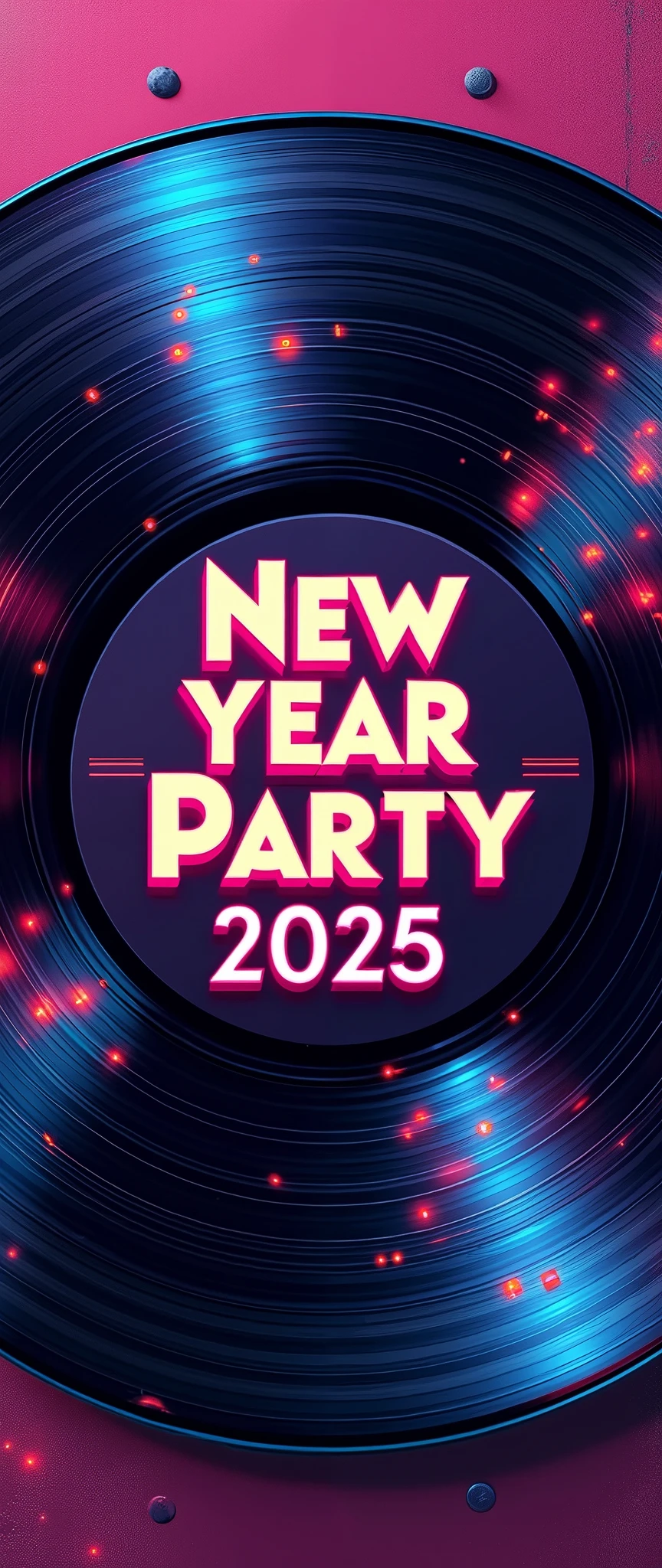 (masterpiece:1.2,EXCEPTIONAL QUALITY  ,Mirror Finish ,  cinematic experience , best illustrations:1.2), Super high resolution,  super detailed  ,8k,16k, wallpaper,( New Year Party ),(At the center of the record disc"New Year Party 2025"のpopで小さなテキストを描画する:2.0),( simple design ), Promotional Art ,  Record Jacket , record album cover design ,Funk,JAZZ,HOUSE MUSIC,Avant-garde,pop,( vector art:2.0),( flat design :2.0),( close up the center of the record disc:2.0)