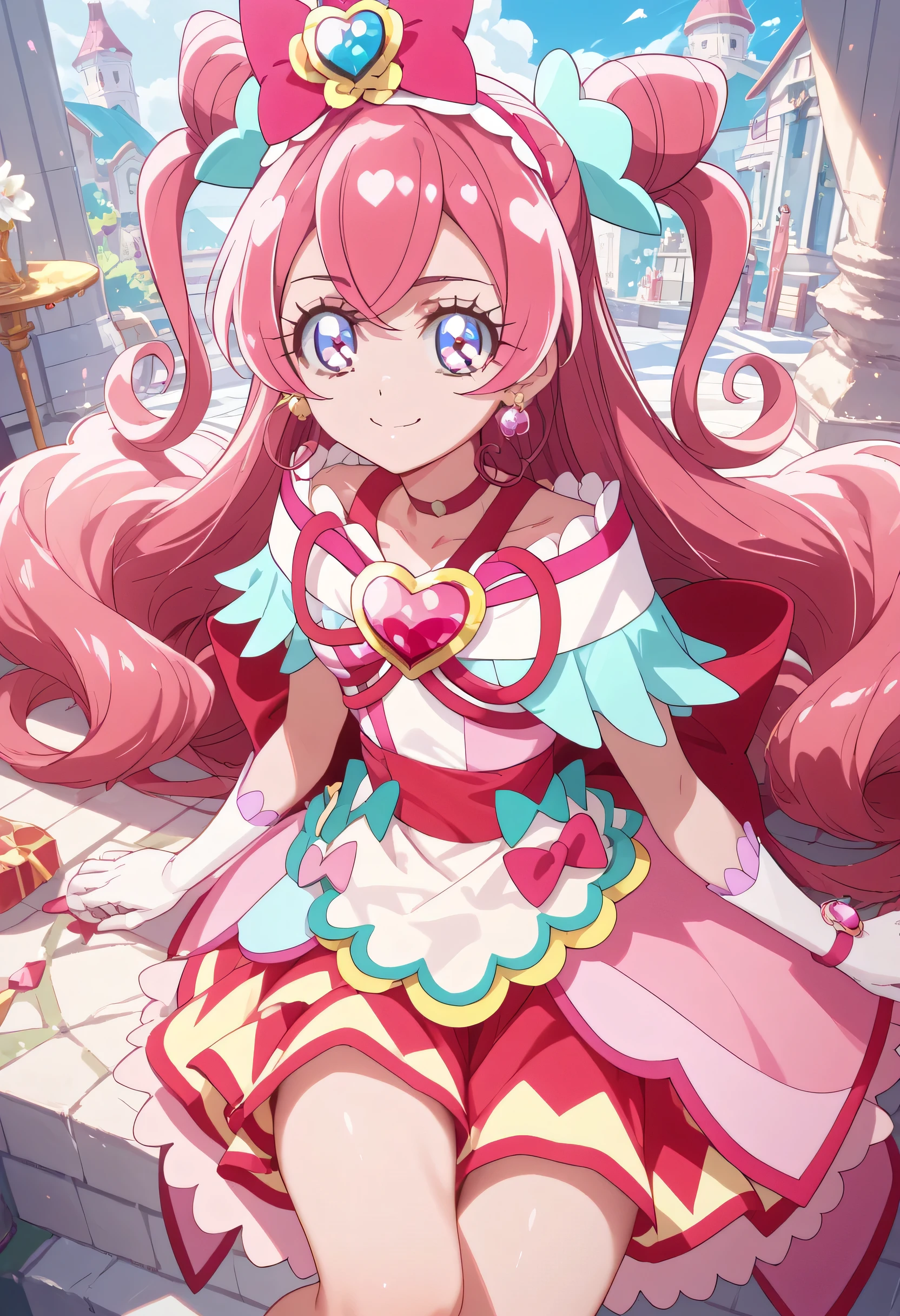 score_9, score_8_ up, score_7_ up,  One Girl , Cure Precious, masterpiece　 Pink Hair、 small breasts、whole body　 gentle smile　 thighs　Open legs with a skirt that stands shyly