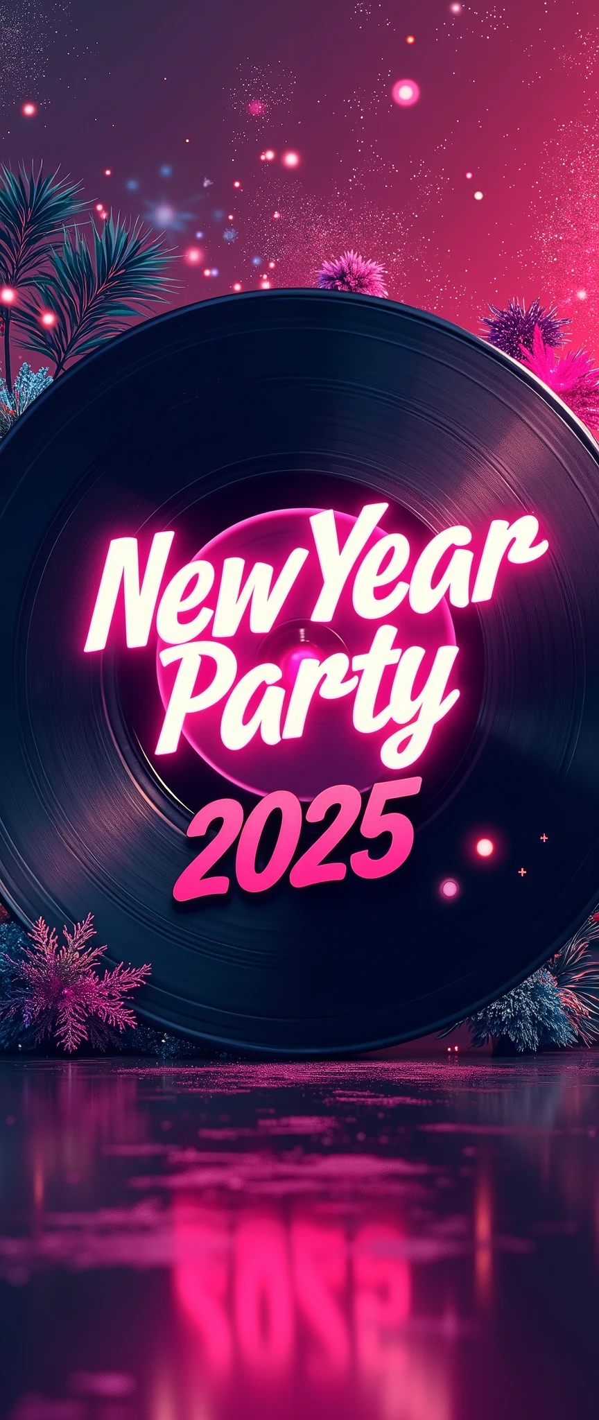 (masterpiece:1.2,EXCEPTIONAL QUALITY  ,Mirror Finish ,  cinematic experience , best illustrations:1.2), Super high resolution,  super detailed  ,8k,16k, wallpaper,( New Year Party ),(At the center of the record disc"New Year Party 2025"のpopで小さなテキストを描画する:2.0),( simple design ), Promotional Art ,  Record Jacket , record album cover design ,Funk,JAZZ,HOUSE MUSIC,Avant-garde,pop,( vector art:2.0),( flat design :2.0),( close up the center of the record disc:2.0)