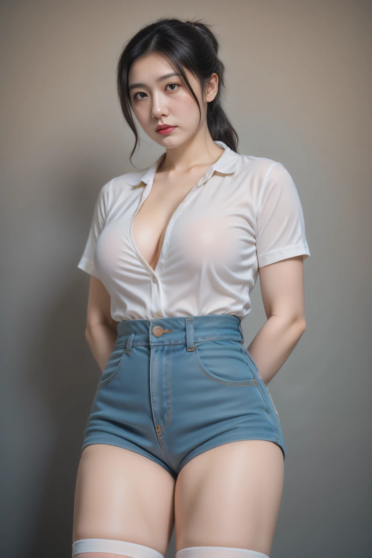 Masterpiece, High Definition, High Quality, Detailed Face, Detailed Body Rendering, 1Girl, Solo, Hinata Hinata Very Huge Tits, Fishnet Jacket, Dark Lips, Unbuttoned Shirt, No Bra, Breasts Out No Panties, Standing, Blushing, (in bedroom)