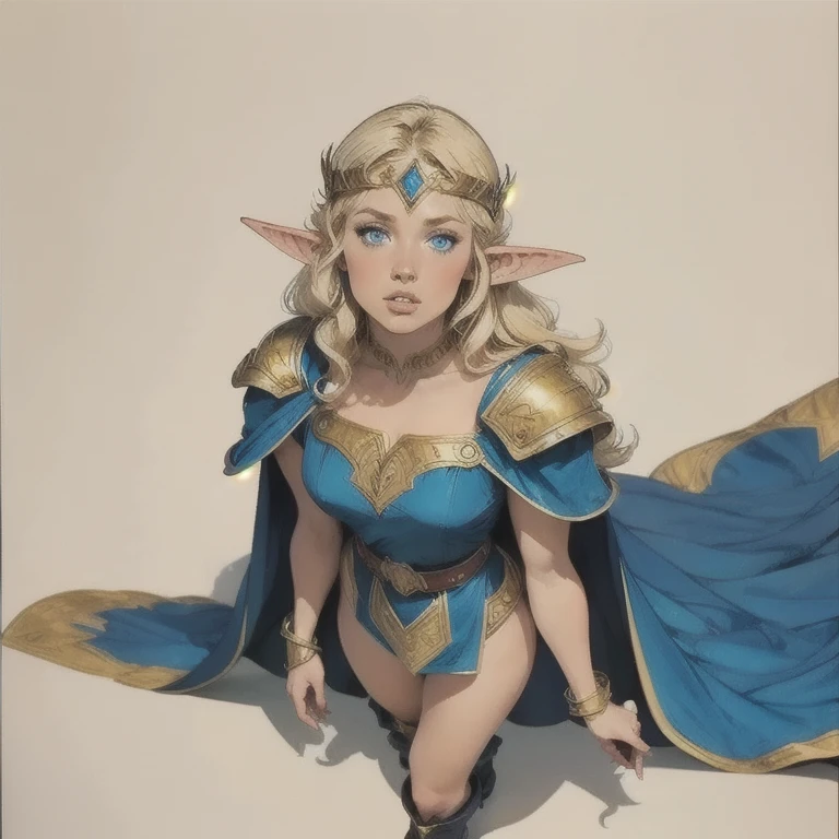 1 ,deedlit,Alone,pointy ears,  long hair , blonde hair,shezfe ,goblin,cape,Blue cape, blue eyes,boots,From above,circlet,very  long hair , shoulder armor , parted lips , looking at the spectator, white background,Retro style, traditional media ,