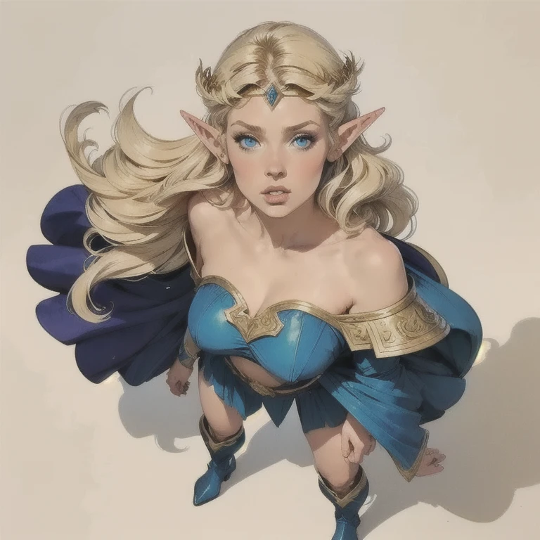 1 ,deedlit,Alone,pointy ears,  long hair , blonde hair,shezfe ,goblin,cape,Blue cape, blue eyes,boots,From above,circlet,very  long hair , shoulder armor , parted lips , looking at the spectator, white background,Retro style, traditional media ,