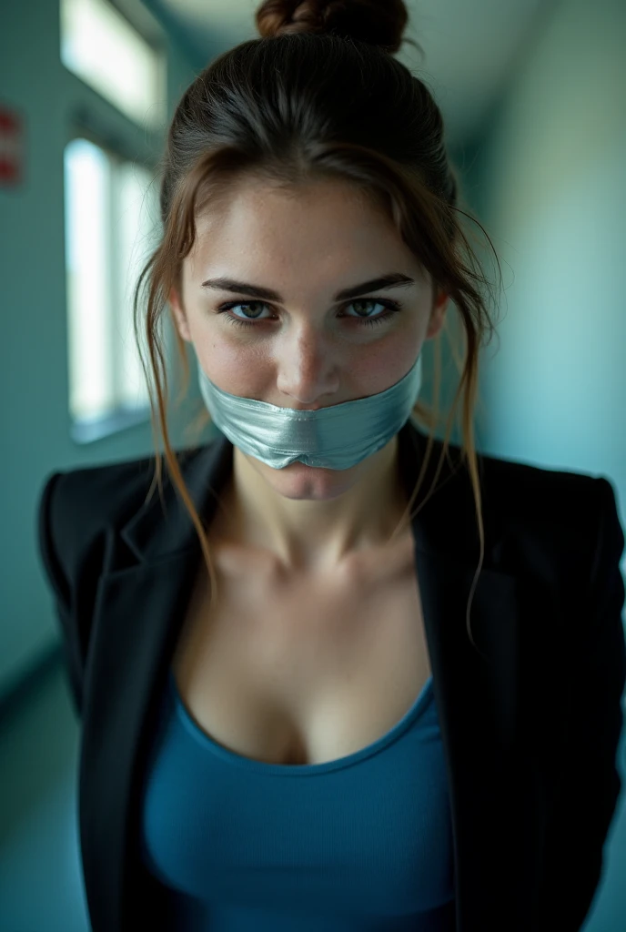 Lucy Pinder, Face portrait, Pretty face, brown hair,green eyes,straight hair, ponytail,((Very intense makeup)), ((lined eyelids)), scrub top, blue blouse , medical pants, blue pants, ((Voluptuous Woman)). Gagged,bondage,bound arms
