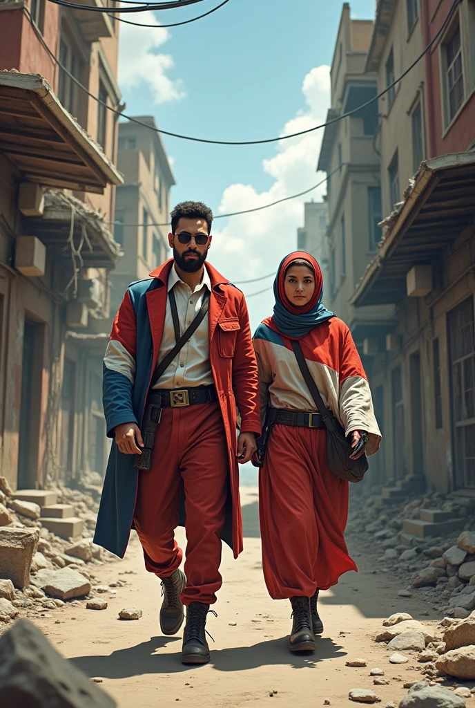 A female doctor, wearing a sky colour shalwar kameej,full sleeve ,a white overcoat of a doctor,a white colour scarf with sky colour design on it ,covering her head, walking with a handsome military man, olive colour uniform,on road of a big city,at night 