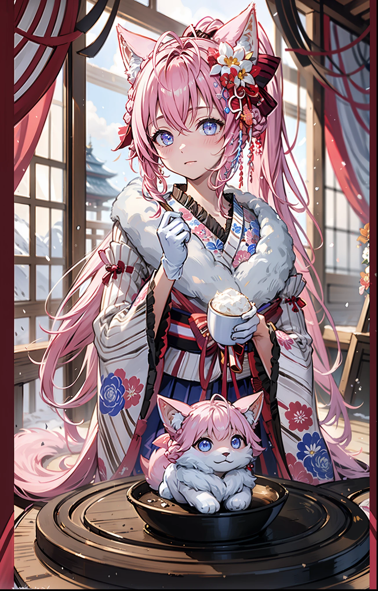 masterpiece, top quality , High Resolution , masterpiece:1.2, high quality , 8K, Beautiful and meticulous growth , happy , heavy costume, blush, kimono, Japanese costume ,Japanese New Year,High Ponytail, Fantasy World , Ice and snow flying , winter,Mysterious landscape , black gloves ,Strike a pose,Beautiful sleeves , Lots of clothes on the chest , Small curve