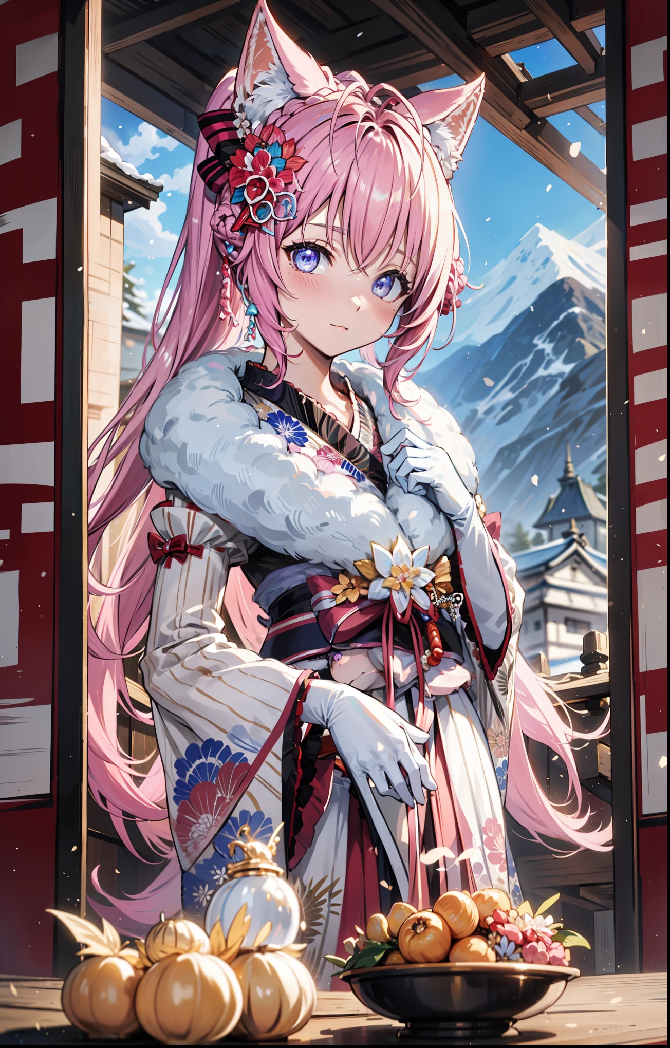 masterpiece,      top quality ,     High Resolution  ,  masterpiece:1.2,      high quality   , 8K,      Beautiful and meticulous growth   ,   happy  ，   heavy costume，   blush，   kimono，  Japanese costume  ，Japanese New Year，High Ponytail，   Fantasy World , Ice and snow flying   ,  winter，Mysterious landscape   ，  black gloves  ，Strike a pose，Beautiful sleeves   ，    Lots of clothes on the chest ， Small curve   