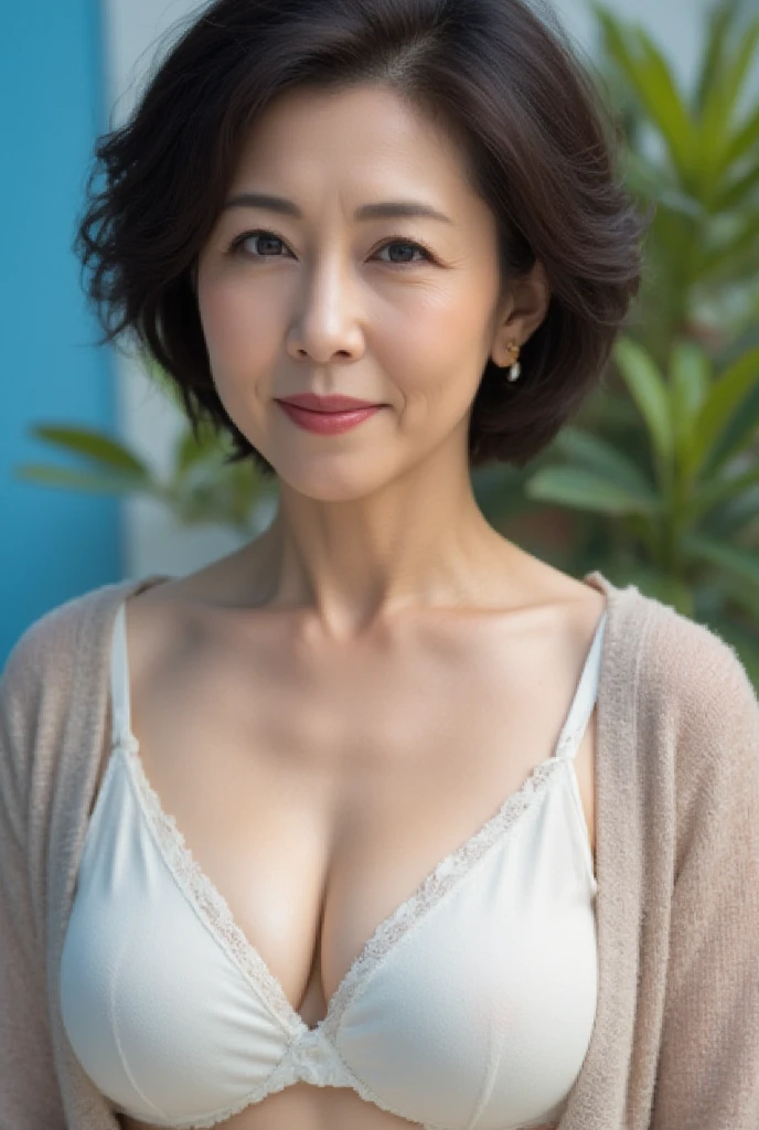 highest quality, masterpiece, High resolution, Realistic, RAW Photos, 8k wallpaper, perfection, ((One beautiful woman)), 70 years old, Sexy Woman, Plump Mature Woman, Cleavage, Wrinkles around the eyes, ((Looking into the camera)), Detailed face, Beautiful Eyes, ((look forward to)), (Stand upright), garden, whole body, (Beautiful thighs), High heels, bangs, Shapely breasts, Straight hair, short hair, Plump and glossy lips,