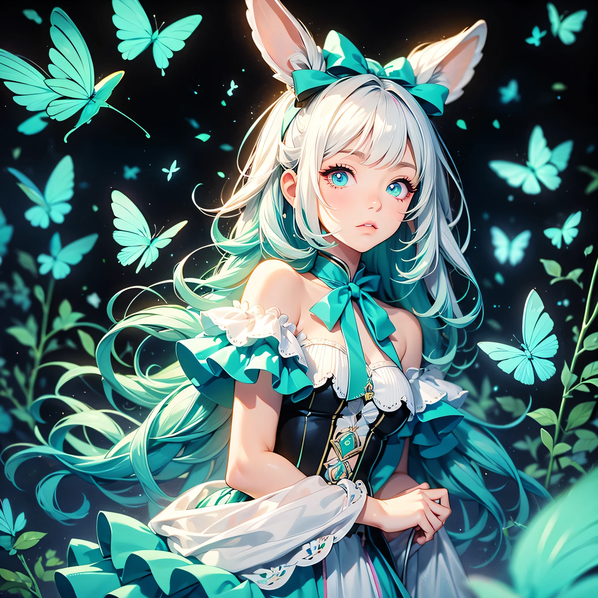 One Girl , chibi、 Milky White Hair Color 、 Alice in Wonderland、 rabbit wearing a silk hat 、Trump has legs and hands、 fantasy、 cute world、Trump、 Alice in Wonderland、clock、 best details、 cute、 seven neon color gradient hair color、 fantasy、 Absurd、 neon lights enhance the cuteness、The cutest picture in the world 、 fantasy、