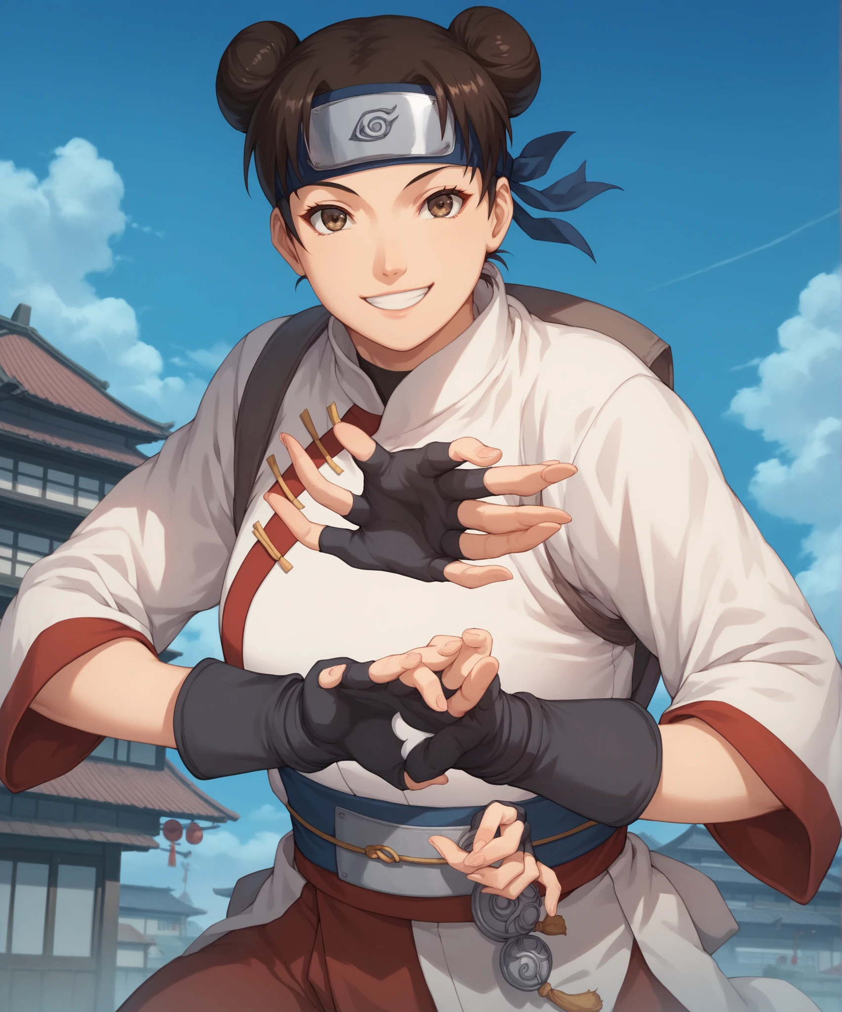 tenten,1girl,solo,forehead protector,double bun,hair bun,smile,ninja,konohagakure symbol,short hair,looking at viewer,headband,fingerless_gloves, japanese_clothes, 




BREAK
outdoors,blue sky,cloudy sky,old japanese city,old city

