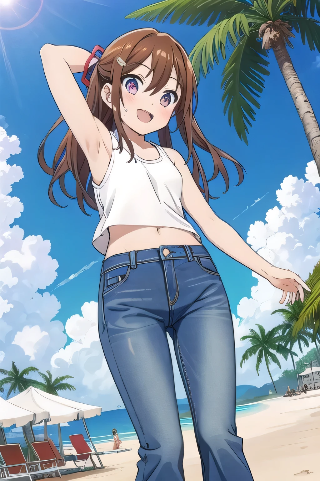 masterpiece,best quality,ultra detail,1girl, 14yo, petite, ((round face, ecstasy, orgasm face, drooping eyes, shame smiling, blush)), dropping eyes, sleepy, background((under the beach, (day:1.2), palm tree, bright sky)), Hori kyouko, long hair, brown hair, arms behind head, contrapposto, spread armpits, looking at viewer,, (white tank top:1.2), (white crop top:1.2), (jeans pants:1.2, flares jeans:1.2, skinny jeans:1.2, blue jeans:1.2), standing, (legs spread:1.2), sex pose, Sweaty crotch, Steam from the crotch, from below, full medium body