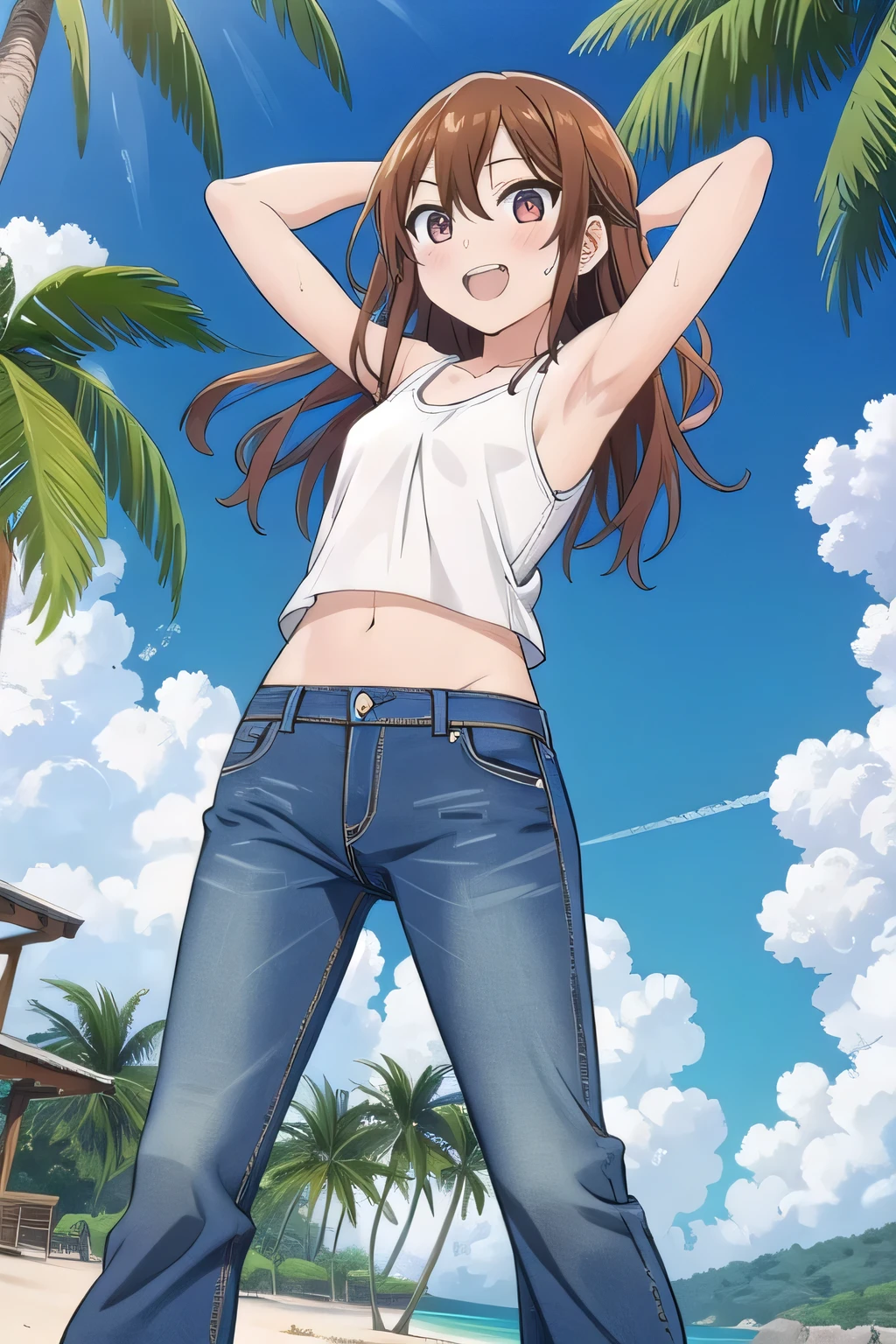 masterpiece,best quality,ultra detail,1girl, yo, pee, ((round face, ecstasy, orgasm face, drooping eyes, shame smiling, blush)), dropping eyes, sleepy, background((under the beach, (day:1.2), palm tree, bright sky)), Hori kyouko, long hair, brown hair, arms behind head, contrapposto, spread armpits, looking at viewer,, (white tank top:1.2), (white crop top:1.2), (jeans pants:1.2, flares jeans:1.2, skinny jeans:1.2, blue jeans:1.2), standing, (legs spread:1.2), sex pose, Sweaty crotch, Steam from the crotch, from below, full medium body