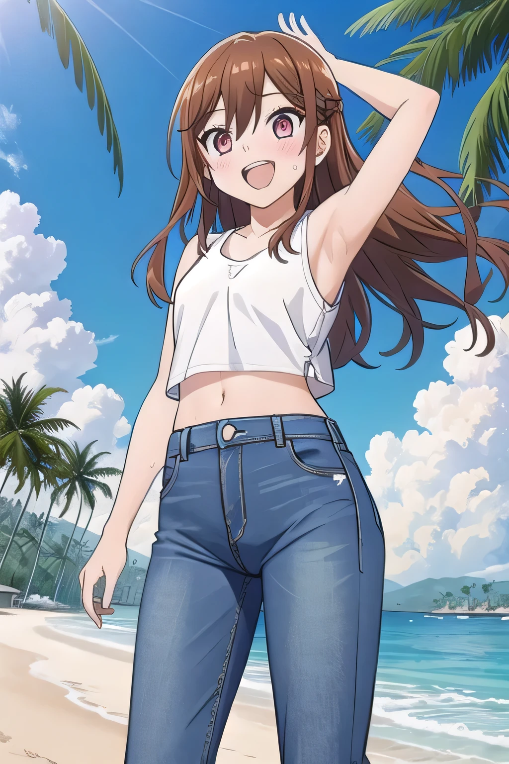 masterpiece,best quality,ultra detail,1girl, yo, pee, ((round face, ecstasy, orgasm face, drooping eyes, shame smiling, blush)), dropping eyes, sleepy, background((under the beach, (day:1.2), palm tree, bright sky)), Hori kyouko, long hair, brown hair, arms behind head, contrapposto, spread armpits, looking at viewer,, (white tank top:1.2), (white crop top:1.2), (jeans pants:1.2, flares jeans:1.2, skinny jeans:1.2, blue jeans:1.2), standing, (legs spread:1.2), sex pose, Sweaty crotch, Steam from the crotch, from below, full medium body