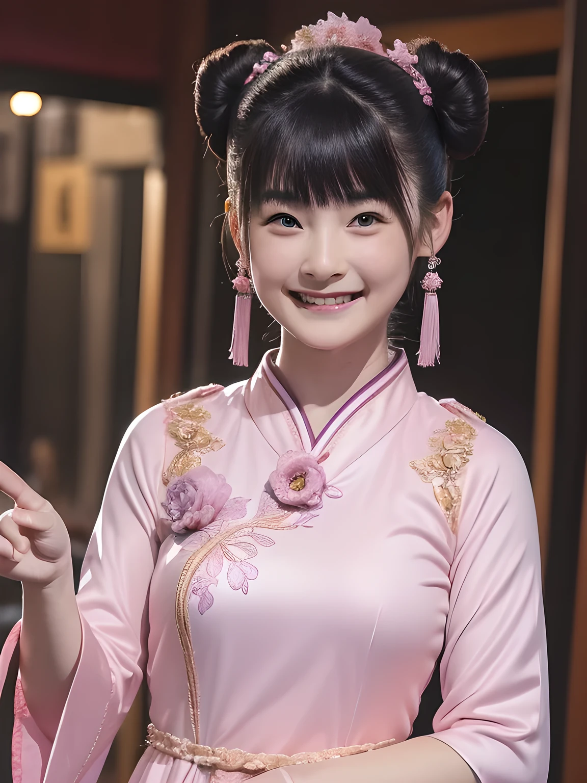Best quality, 超高分辨率, (Photorealistic:1.4), (1人:1), Han clothing, grin, closeup of face, (aegyo sal:1), (light brown short ponytail:1.2), ((Kaz blue big eyes)), view the viewer, Smiling, full bodyesbian, Streets, Outdoors
