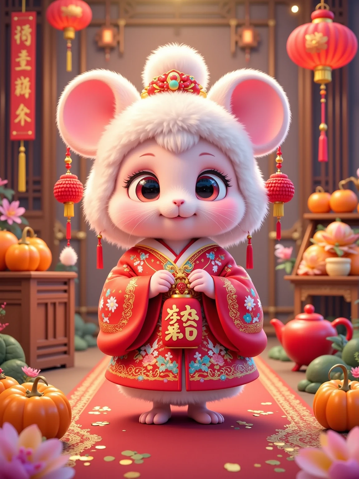 A cute anthropomorphic little mouse，Pink fur，Wearing a furry white double-eared hat，There is a colorful pompom on the top of the hat。The little mouse has a bright smile，Big and bright eyes，Wearing red traditional costumes with golden patterns，Holding a red blessing bag with the word "Fu" on the chest。The little mouse is standing indoors，Red "Fu" stickers scattered on the ground、Golden ingots and orange persimmons。There is a wooden box with persimmons and a red teapot on the left，Persimmons on the right、Red lanterns and golden fish-shaped ornaments。The background is wooden doors and windows，Red pepper strings and "Fu" paper-cuts are hung on the doors and windows，Outside the window there is the outline of a building， The overall color is dominated by red and gold ，Full of the festive atmosphere of the New Year。