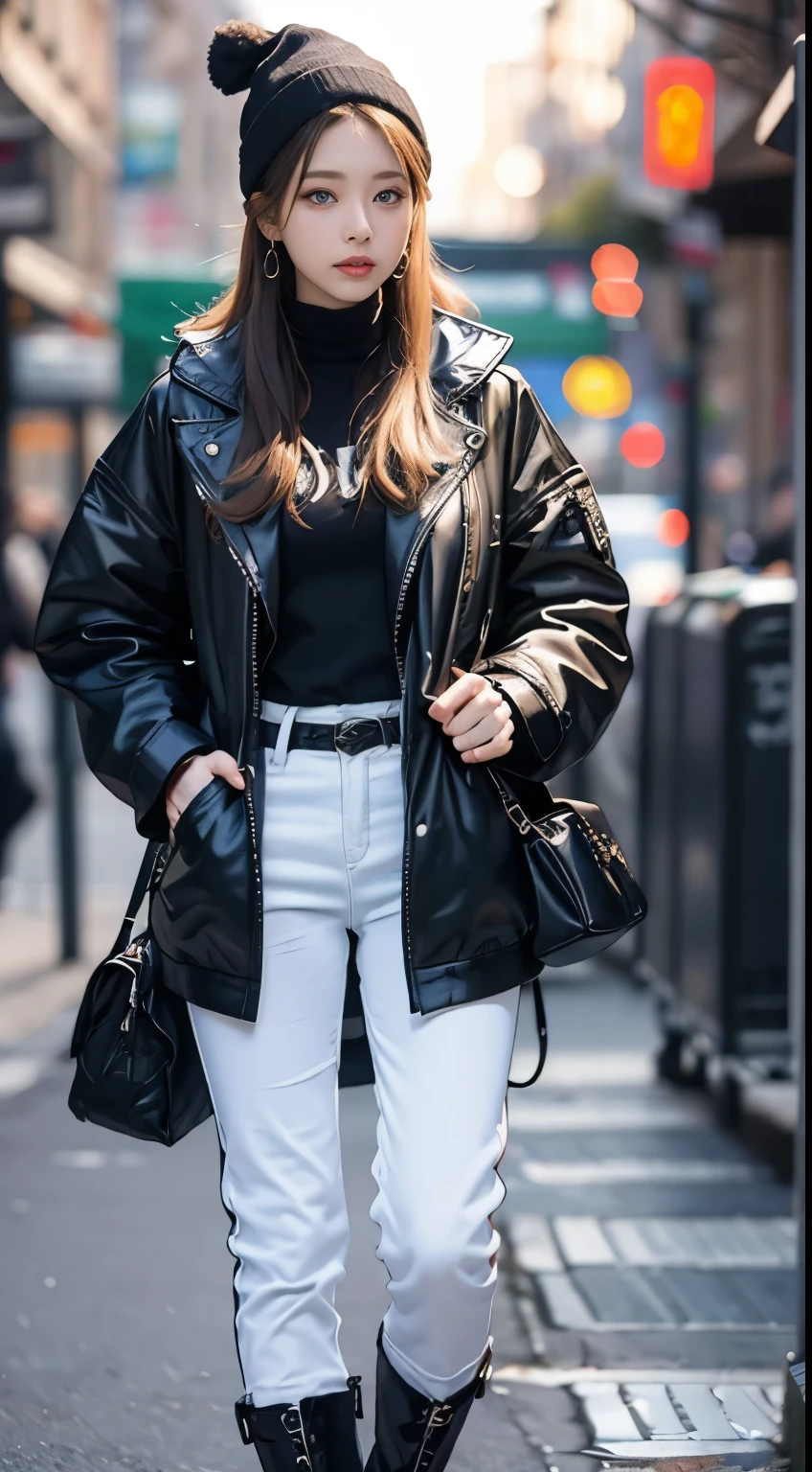 (8k, RAW photos, top quality, masterpiece: 1.2, ultra detailed, super resolution, real photos: 1.37), (Full body photo), 1 noble elegant Japanese lady, (standing contrapposte), winter season, ((black color coodinate, wearing over-size black coat, winter fluffy scarf, grey long skirt, black tights, wearing long boots)), Shiny, Smile, Looks like 1.8 meters tall, large pelvis, Large breasts, big cuvy hips, Thin waist, Long legs, skin hyper-detail, 20 years old, Perfect face, (Detailed facial features), Wavy hair, Daylight, autumn season, center of street, crowd of people,