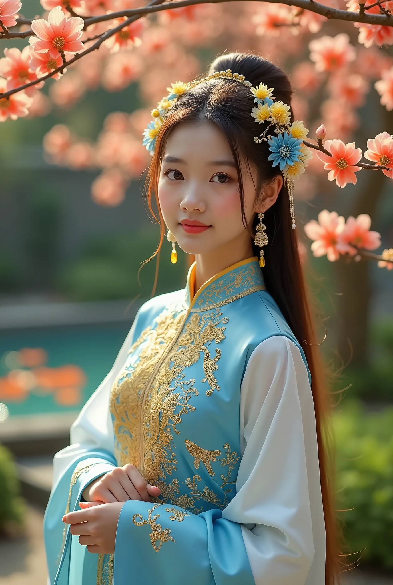 A highly detailed photograph depicting an incredibly Việt Nam beautiful and seductive young woman standing in a small, peaceful garden surrounded by lush greenery and blooming apricot peach blossoms Next to the colorful fish pond shimmering brightly in the morning sun. The woman has fair skin, long, straight brown hair decorated with ornate yellow and blue hair accessories, and large, expressive eyes. She wore an intricately detailed, flowing traditional Vietnamese ao dai in blue and white tones, with intricate gold details and patterns. The feet are wearing shoes and wearing a spinning hat. Her left hand holds the piece slogan "Happy New Year 2025", while her right hand holds traditional Vietnamese banh chung and banh day. The background is peach blossom apricot flowers with bright pink and yellow colorscolors and focus detail beautiful faces